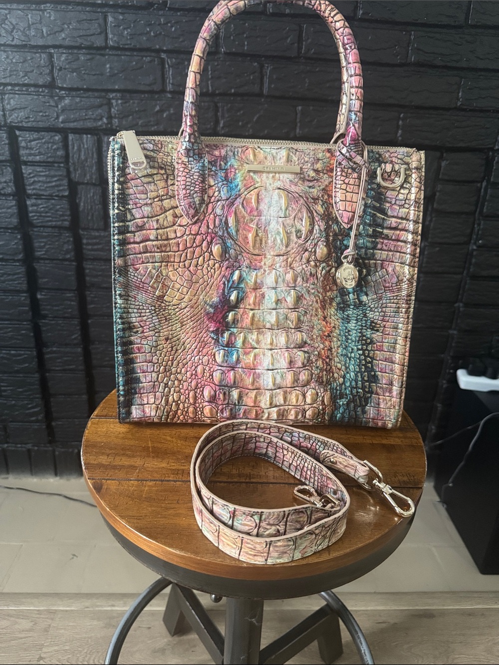 Brahmin Iridescent Pink Blue Green Croc-Embossed Satchel
